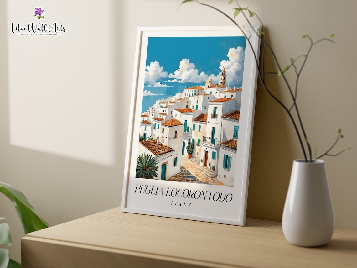 Puglia Locorontodo Italy Watercolor Travel Poster Whitewashed Town Art