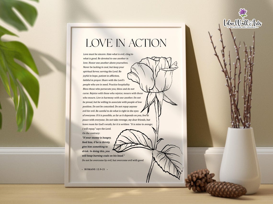 Love In Action Romans 12:9-21 Rose Botanical Line Art Scripture Poster - Image 2
