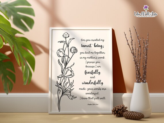 Fearfully And Wonderfully Made Psalm 13913 4 Minimal Christian Wall Art Botanical Scripture Bible Verse Wall Art Baptism Gift