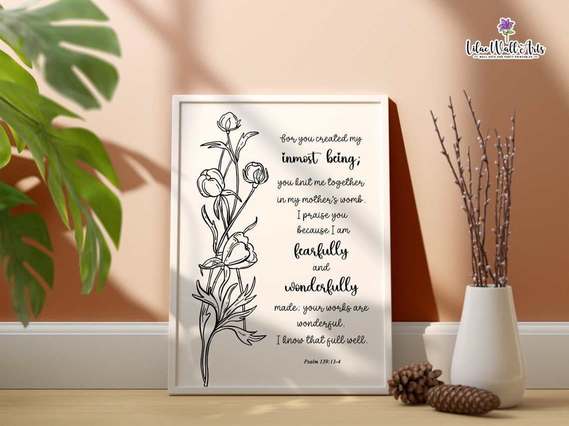 Fearfully And Wonderfully Made Psalm 13913 4 Minimal Christian Wall Art Botanical Scripture Bible Verse Wall Art Baptism Gift