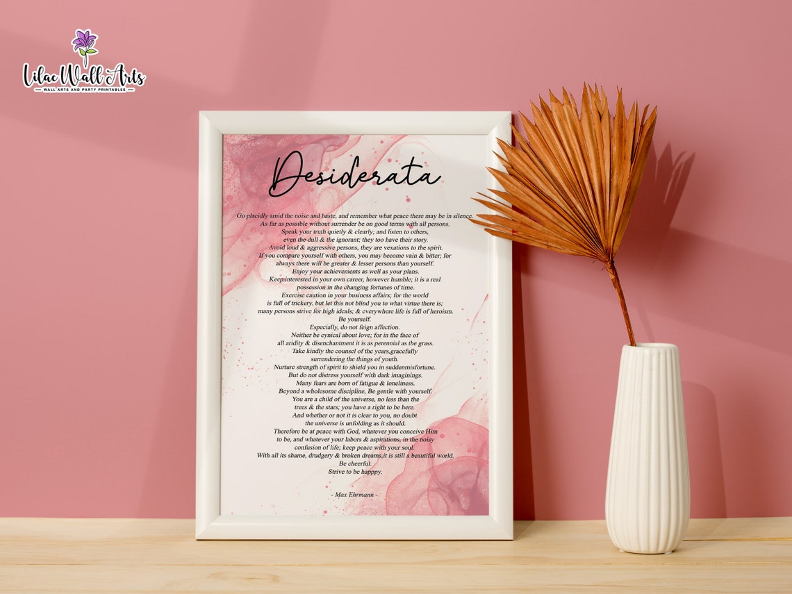 Desiderata Poem Max Ehrmann Pink Watercolor Inspirational Poster - Image 3