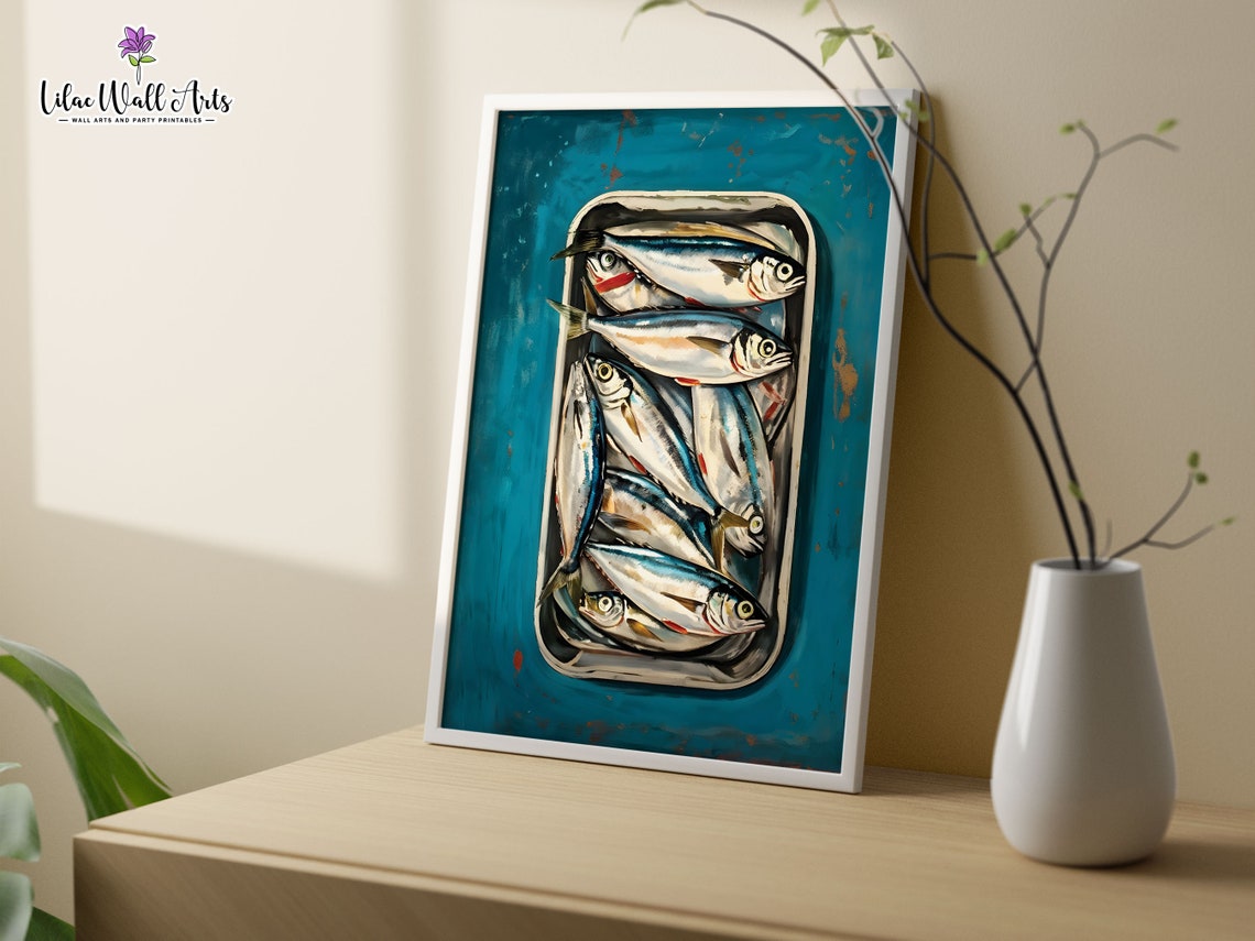Sardine Tin Painting Poster Teal Kitchen Fish Art Coastal Decor - Image 3