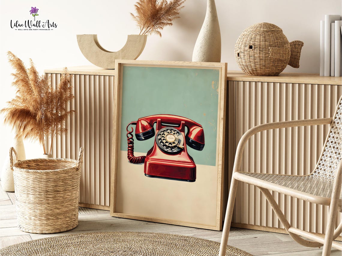 Red Rotary Phone Vintage Telephone Painting Retro Home Decor Poster - Image 2