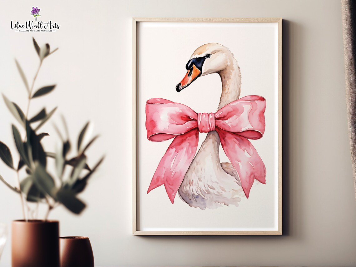 White Swan Pink Bow Watercolor Preppy Nursery Decor Art Poster - Image 6