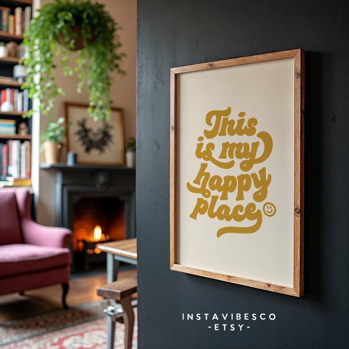 This Is My Happy Place Mustard Yellow Script Smiley Quote Poster - Image 3