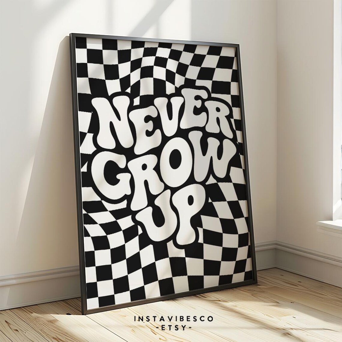 Never Grow Up Checkered Quote Art Print for Kids Room