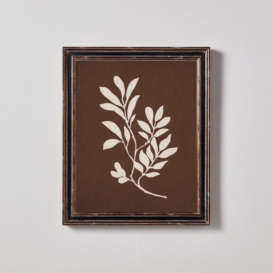 Single Cream Leafy Branch On Dark Brown Minimalist Botanical Poster - Image 2