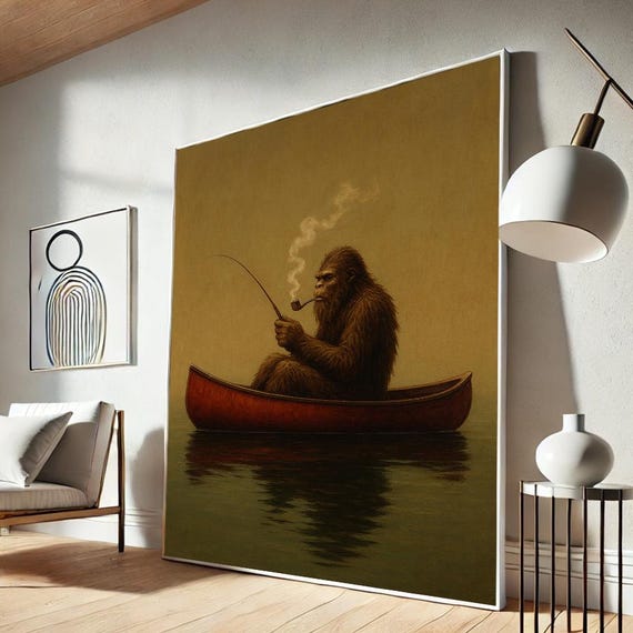 Bigfoot Fishing Whimsical Sasquatch Art Print