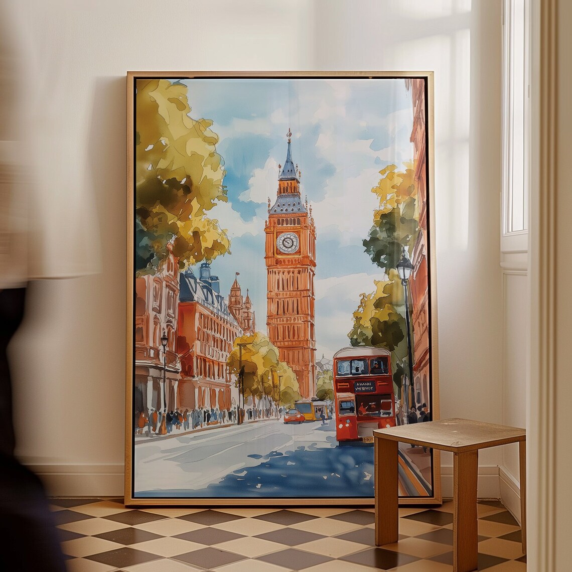 London England Big Ben Red Double Decker Bus Street Watercolor Poster