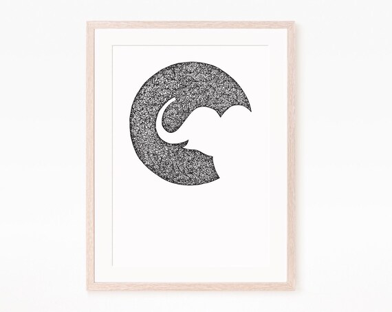 Elephant Silhouette in Scribble Crescent Modern Nursery Poster