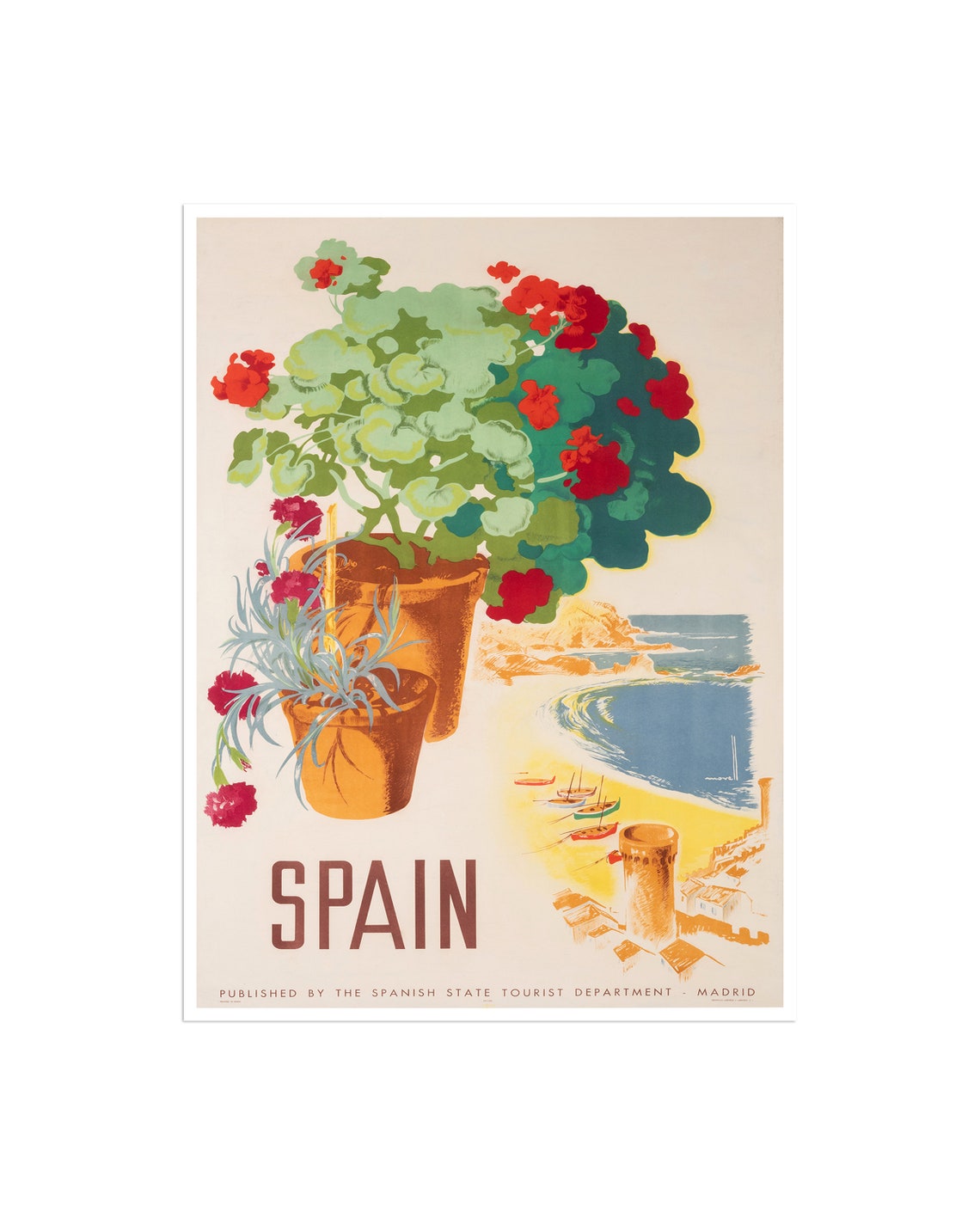 Spain Vintage Travel Poster with Geraniums and Coastal Village