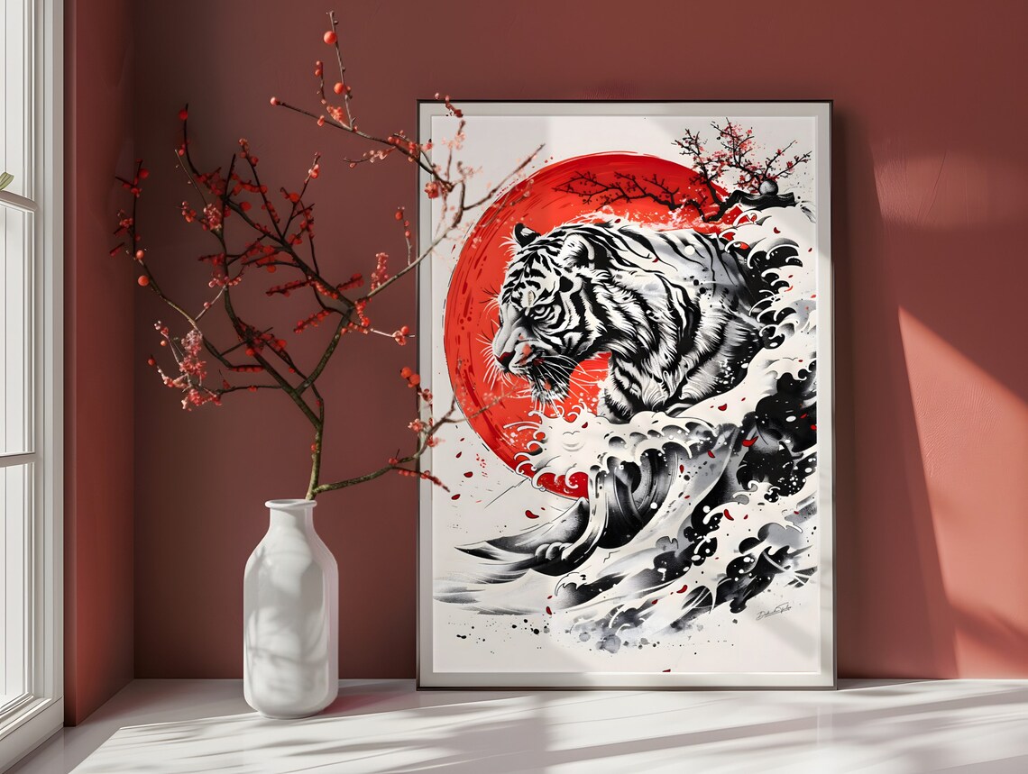 Hokusai Wave Tiger and Cherry Tree Art Print
