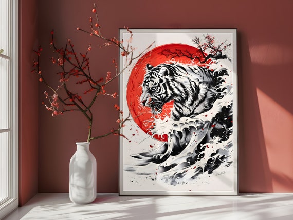 Hokusai Wave Tiger and Cherry Tree Art Print