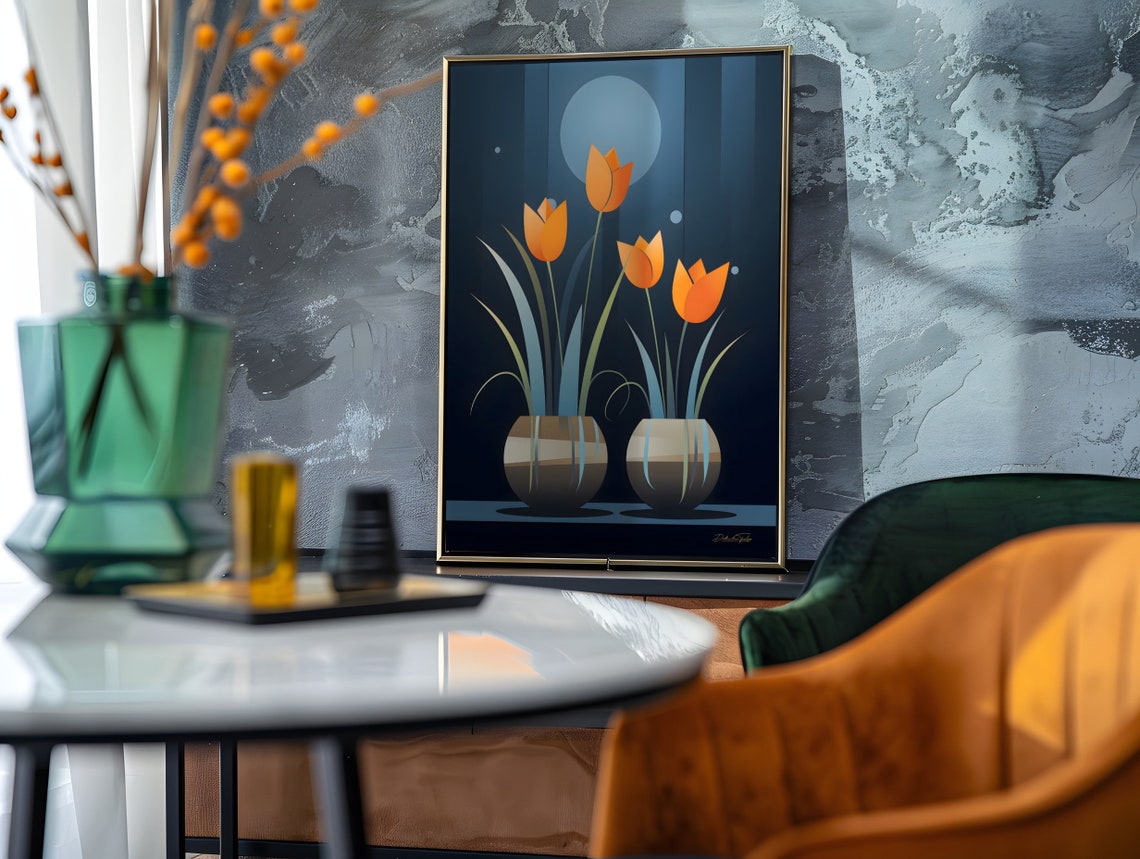 Orange Tulips Night Garden Moonlit Navy Floral Wall Decor Poster - Image 4
