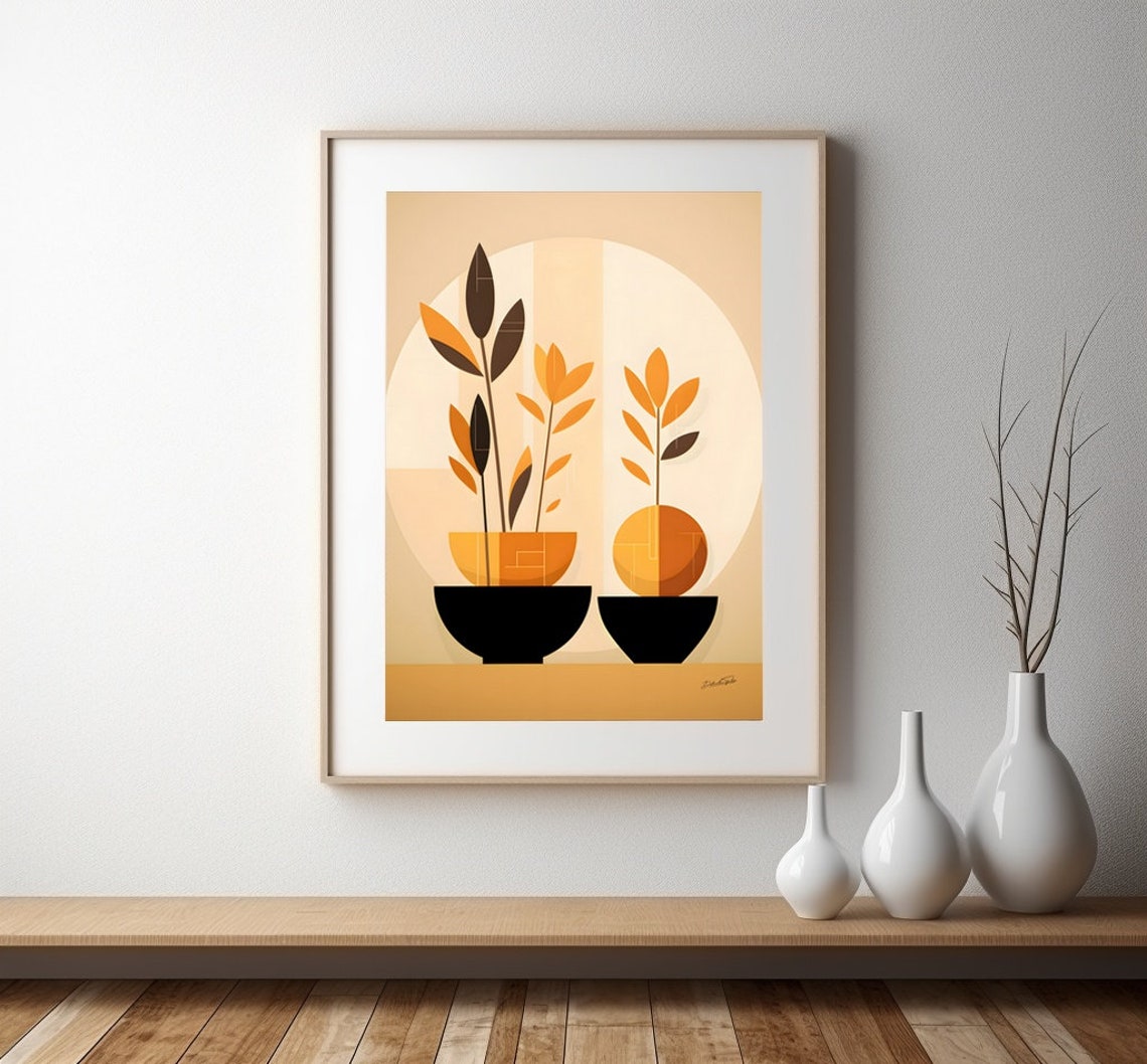 Autumn Orange Leafy Branches Black Bowls Abstract Wall Decor Poster