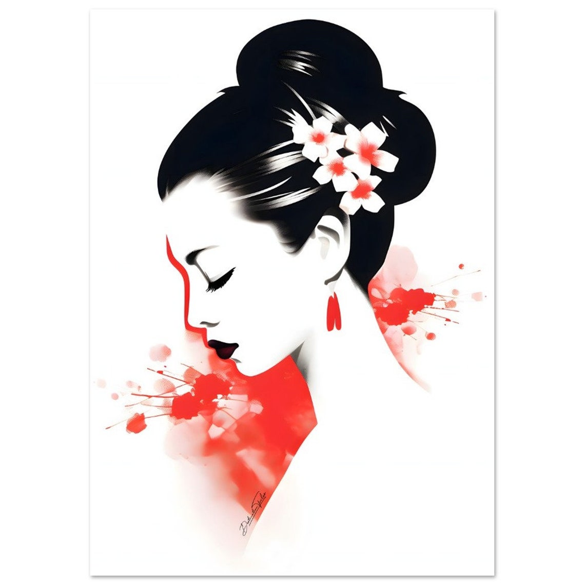 Geisha With Cherry Blossoms Red and Black Minimalist Art Poster - Image 3