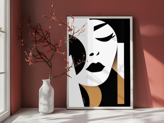 Minimalist Geometric Woman Face Black Gold Abstract Art Poster