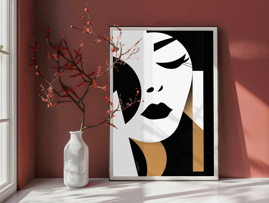 Minimalist Geometric Woman Face Black Gold Abstract Art Poster