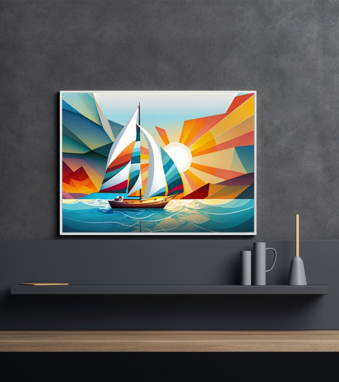 Geometric Sunrise Sailboat Colorful Abstract Ocean Art Poster - Image 2