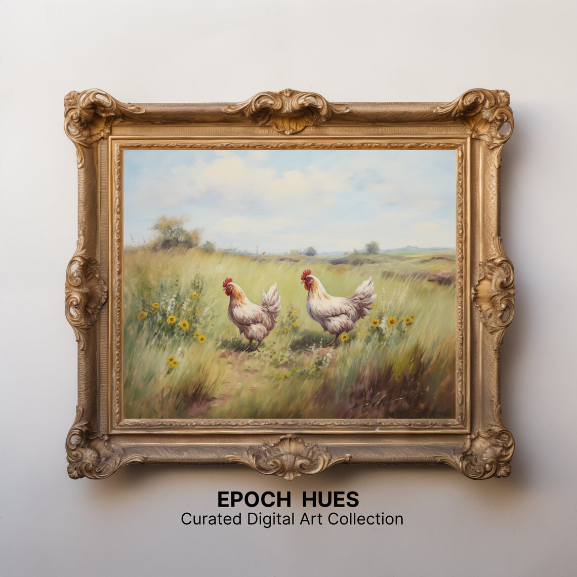 Two White Roosters in Field Yellow Wildflowers Country Poster - Image 3