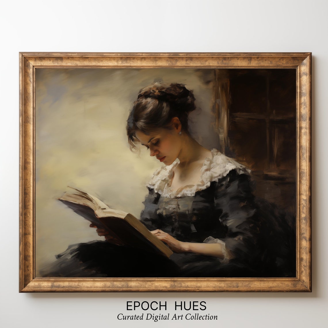 Young Woman Reading by Window White Lace Collar Painting Poster