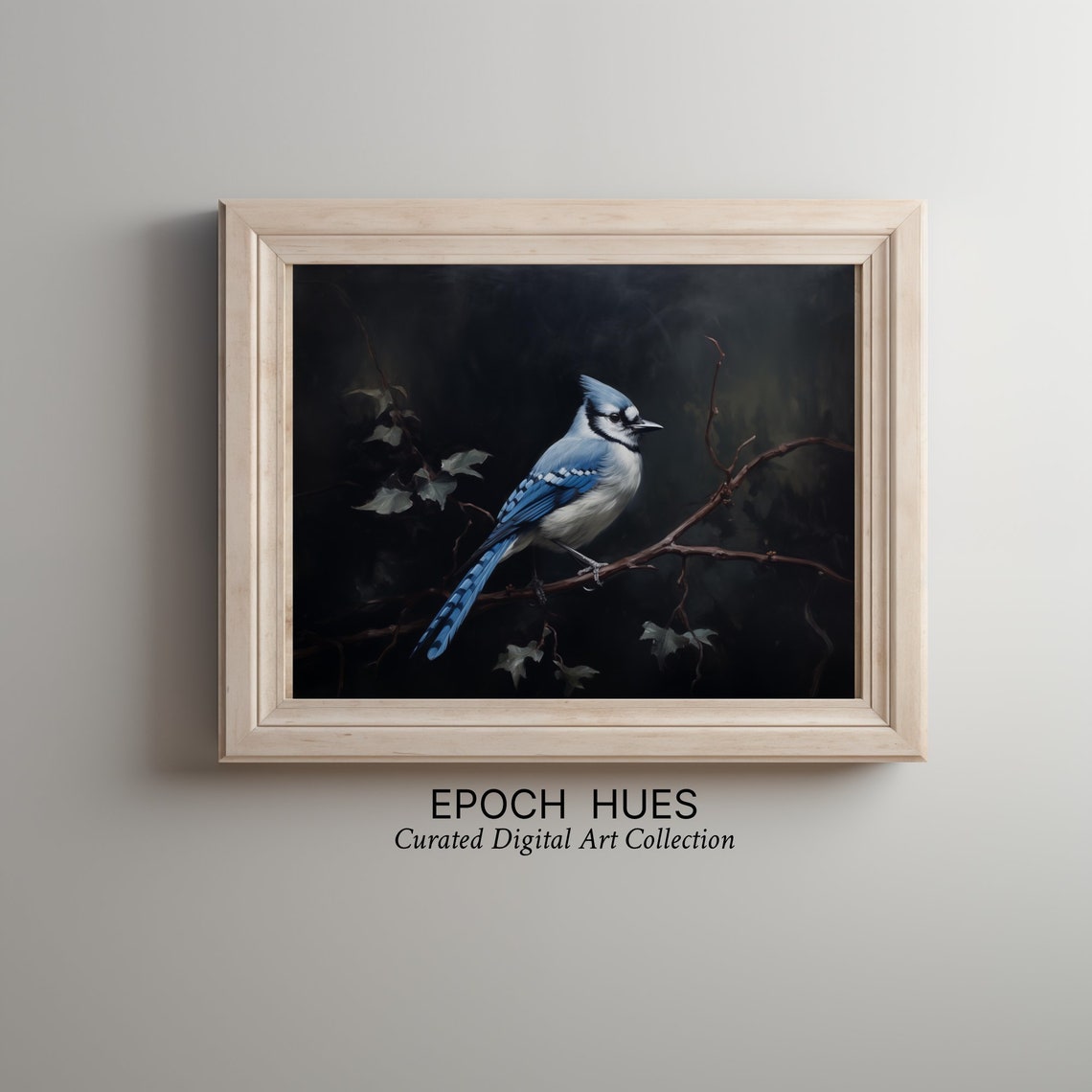 Blue Jay Perched on Branch Against Dark Moody Background Poster