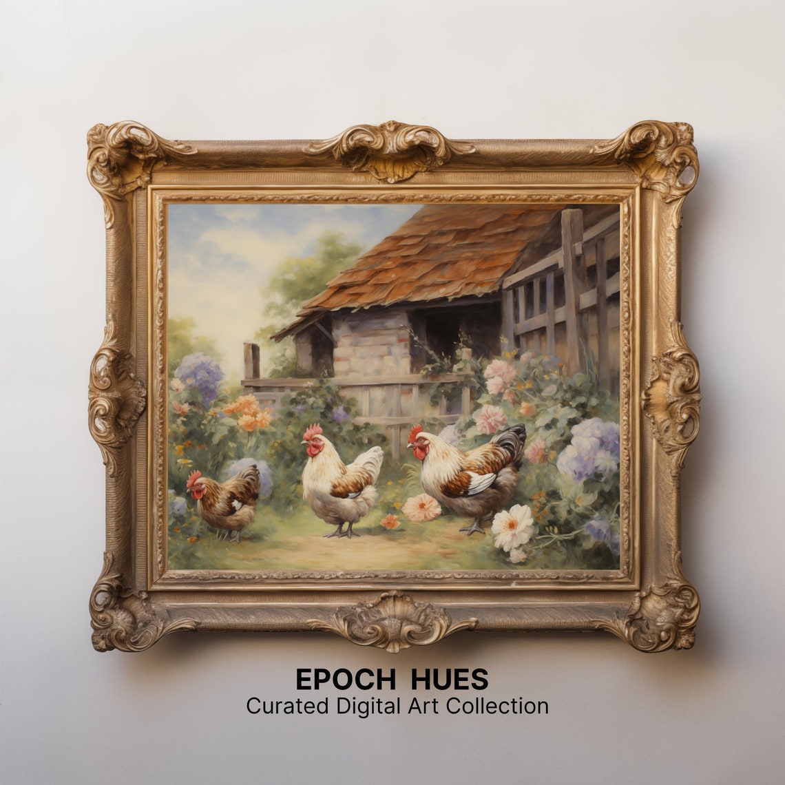 Roosters before Chicken Coop Red Shingle Roof Country Poster - Image 3