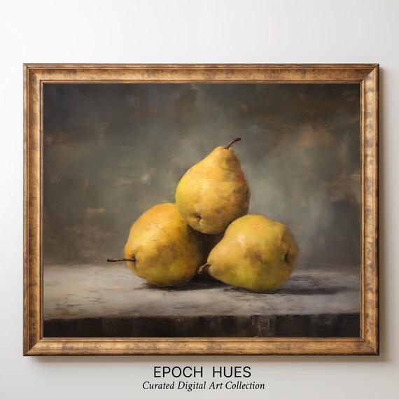 Rustic Pear Still Life Art Kitchen Wall Decor Vintage Fruit Painting Antique Pear Artwork Farmhouse Decor
