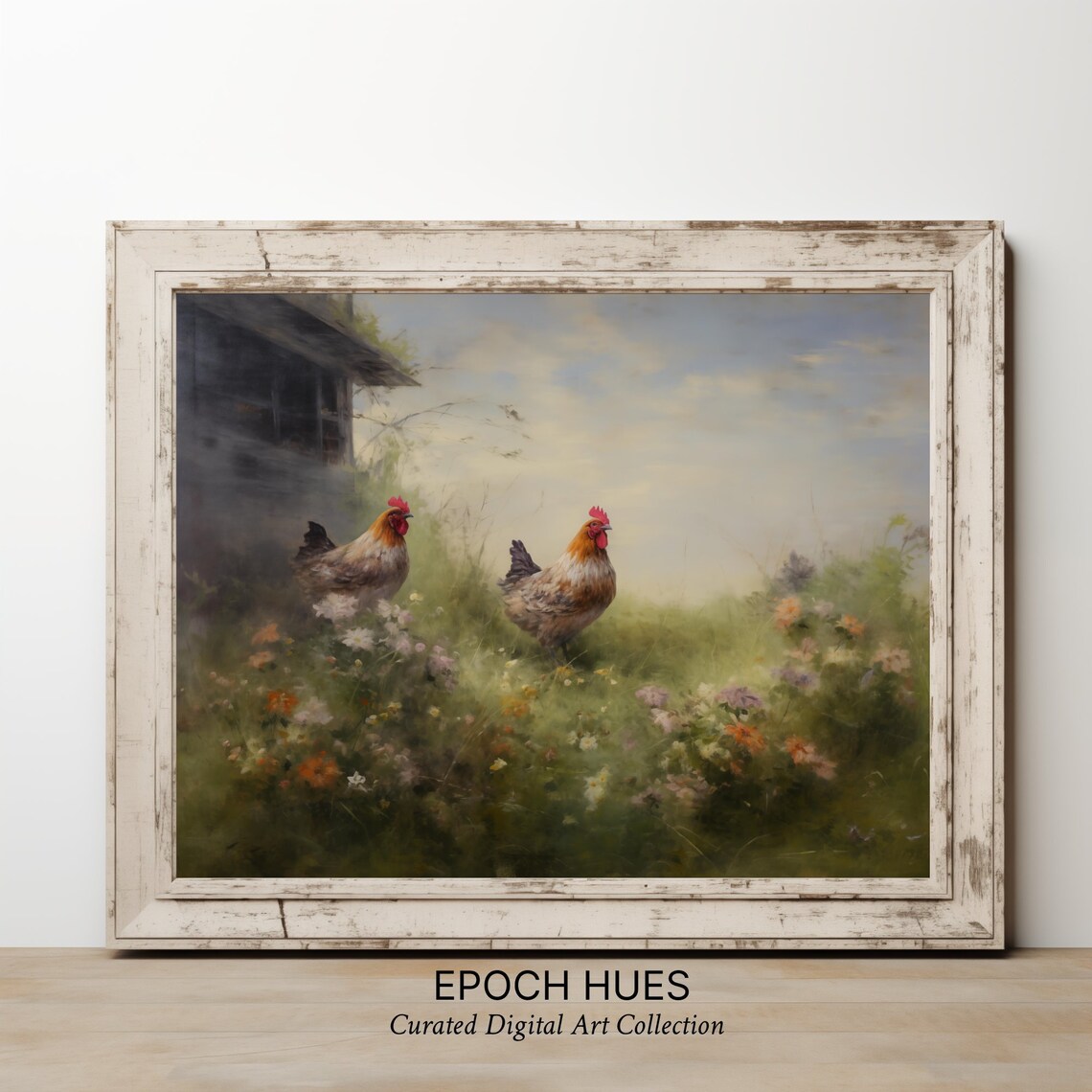 Two Chickens In A Wildflower Meadow Moody Vintage Farm Print - Image 2