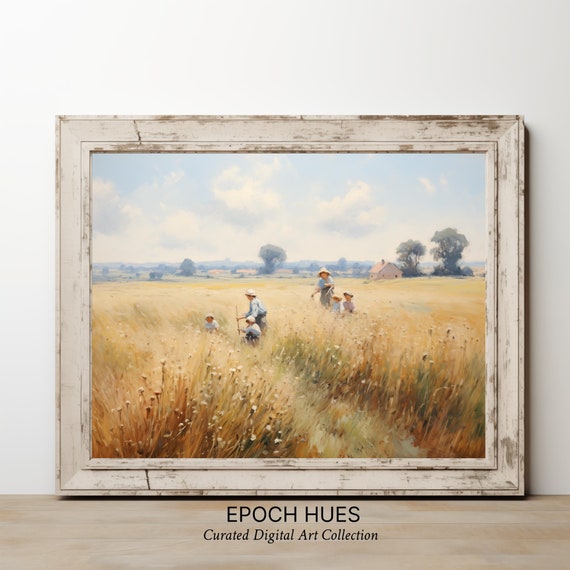 Rustic Farmhouse Painting Vintage Countryside Field Art Wall Decor Pastoral Landscape Print