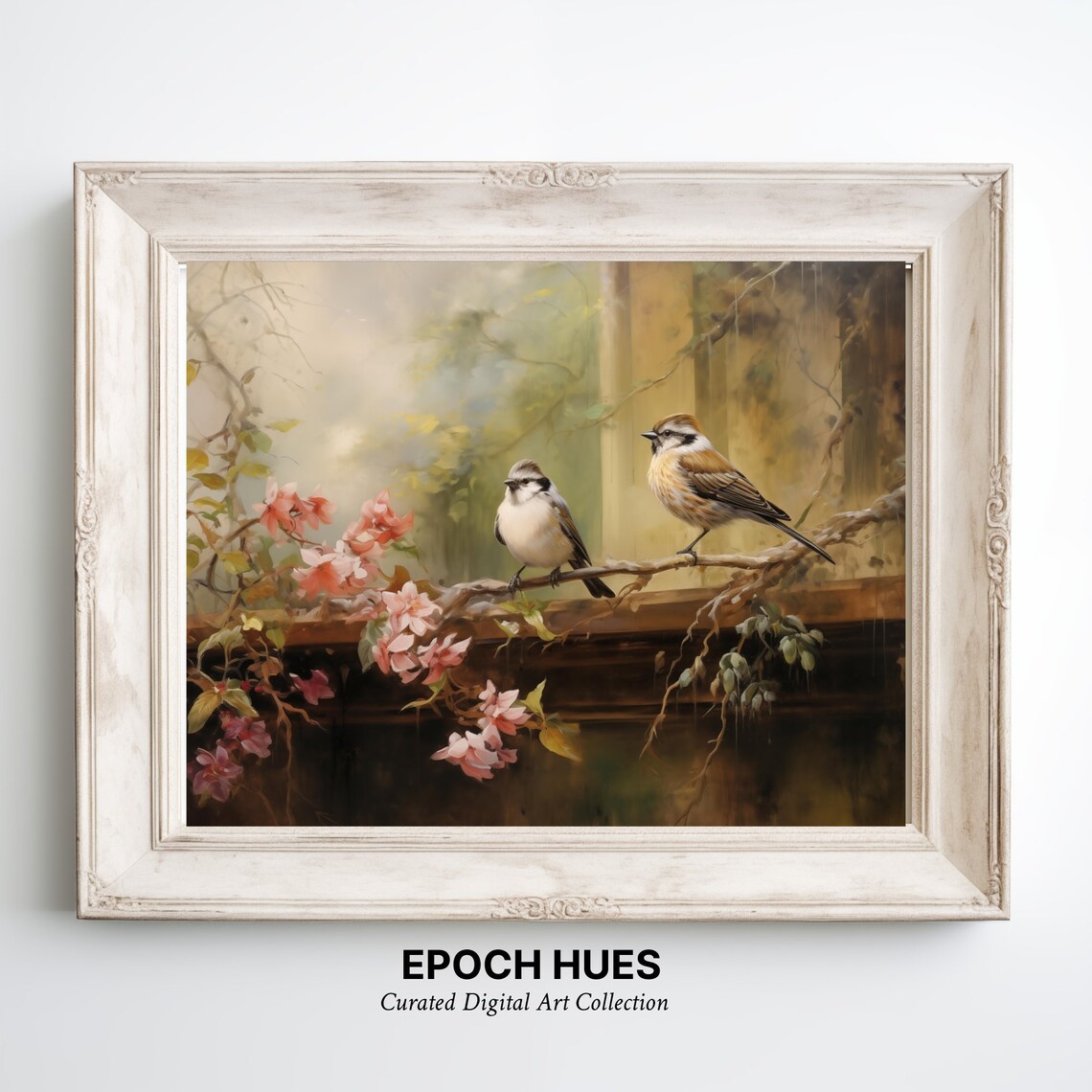 Two Songbirds On Blossoming Branch Pink Blossoms Nature Painting Poster - Image 3