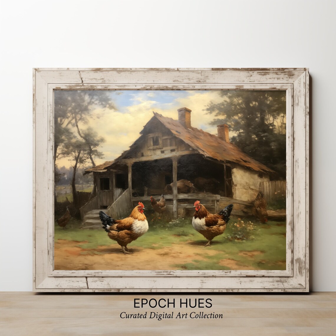 Two Roosters In A Farmyard Rustic Oil Style Country Art Poster - Image 2