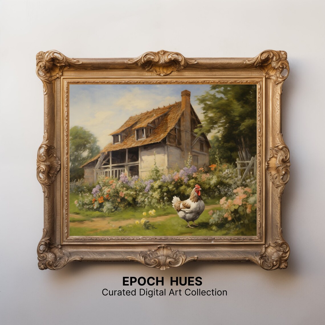 White Hen before Stone Cottage Flower Garden Farmhouse Poster - Image 2