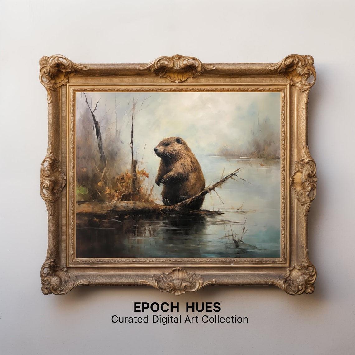 Beaver Sitting on Log by Calm Lake Misty Wildlife Painting Poster - Image 2