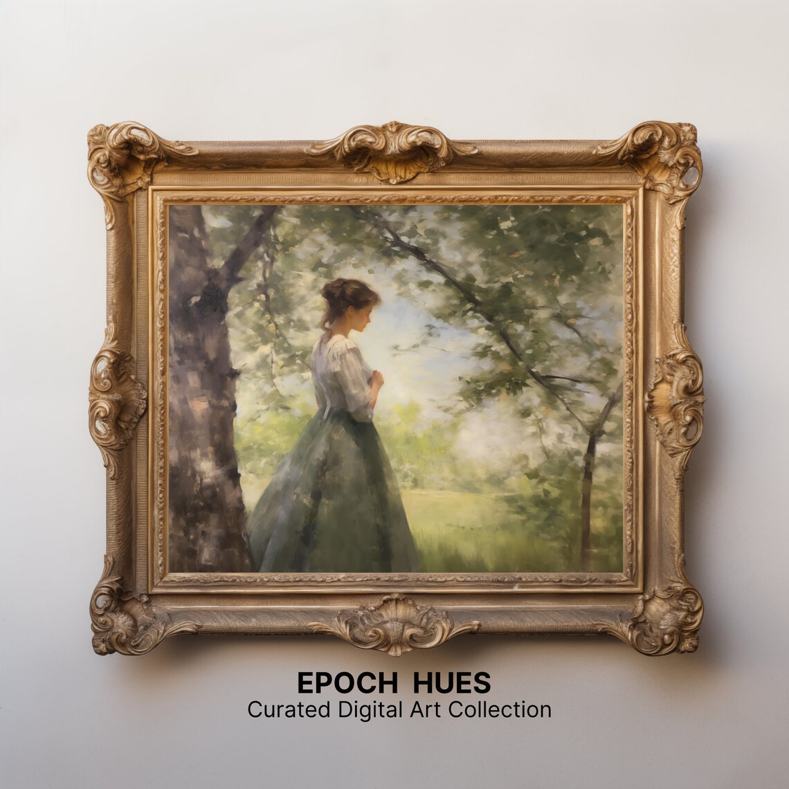 Elegant Lady In Green Skirt Pastoral Woodland Garden Painting Poster - Image 2