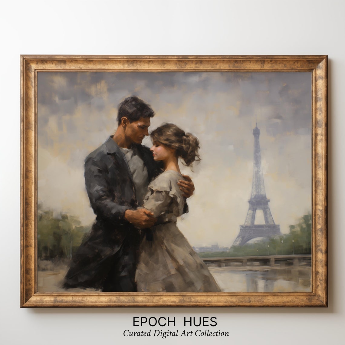 Couple Dancing in Paris With Eiffel Tower Romantic Art Poster