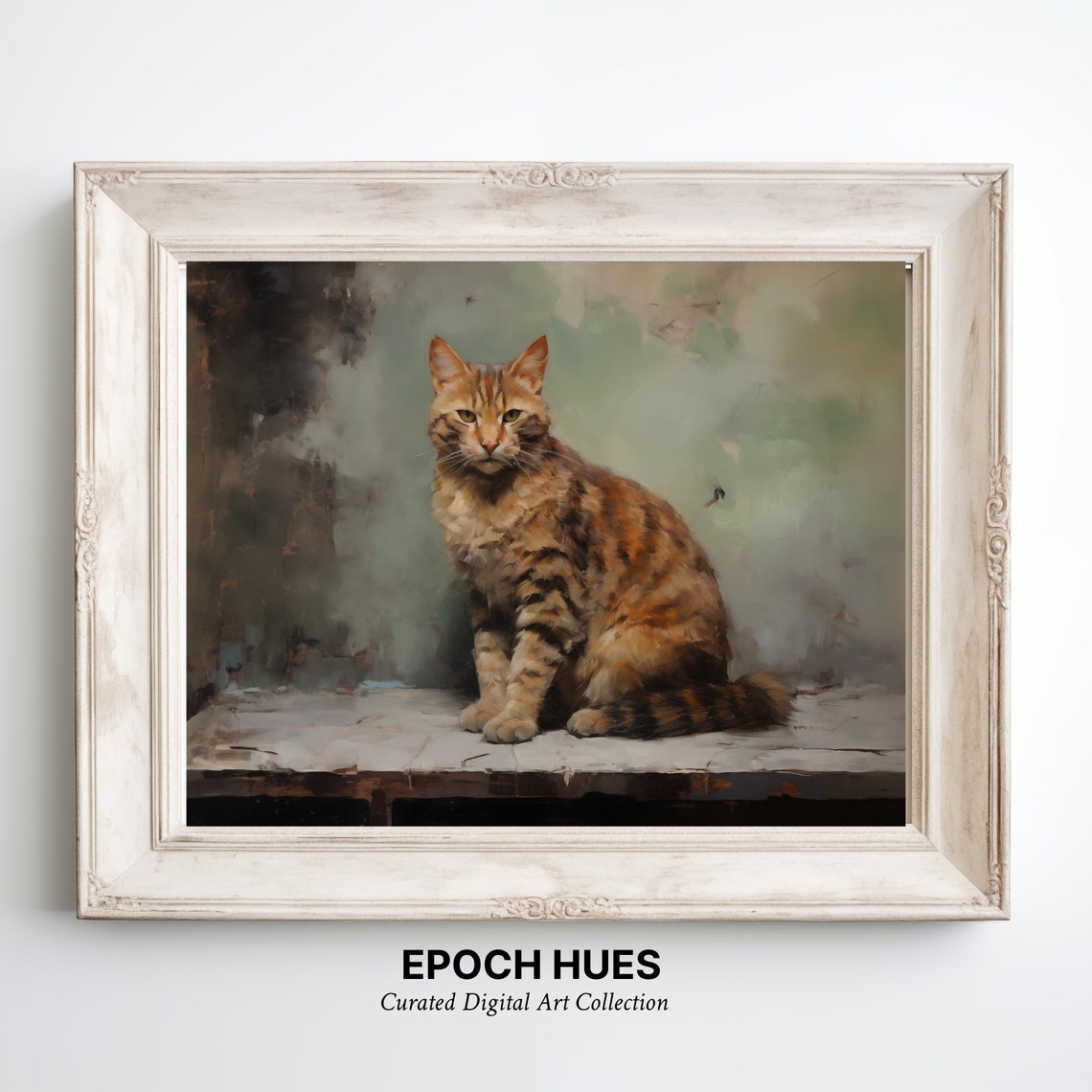 Ginger Tabby Cat Sitting on Table Warm Vintage Pet Portrait Poster
