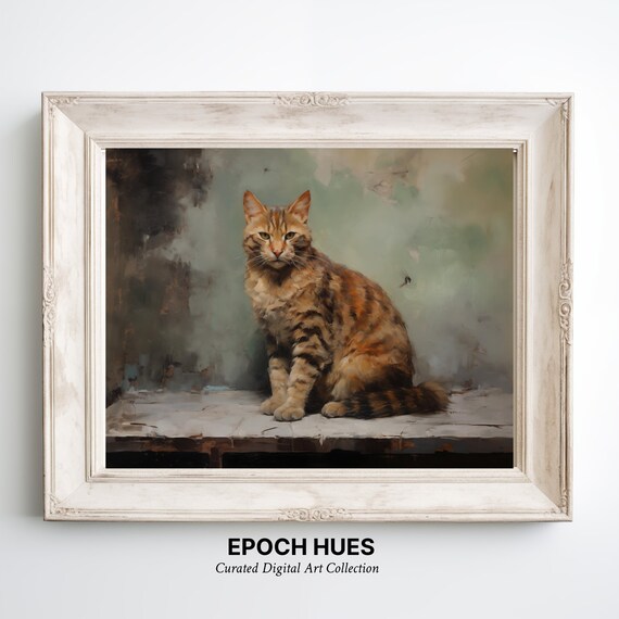 Ginger Tabby Cat Sitting on Table Warm Vintage Pet Portrait Poster