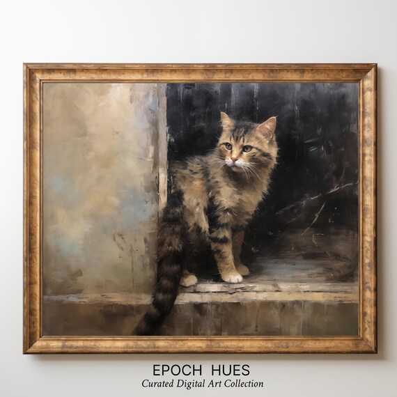 Long Haired Tabby Cat on Windowsill Rustic Vintage Art Poster