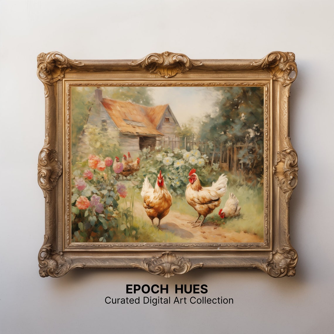 Flock of Hens in Garden Path by Red Tile Barn Country Poster - Image 3