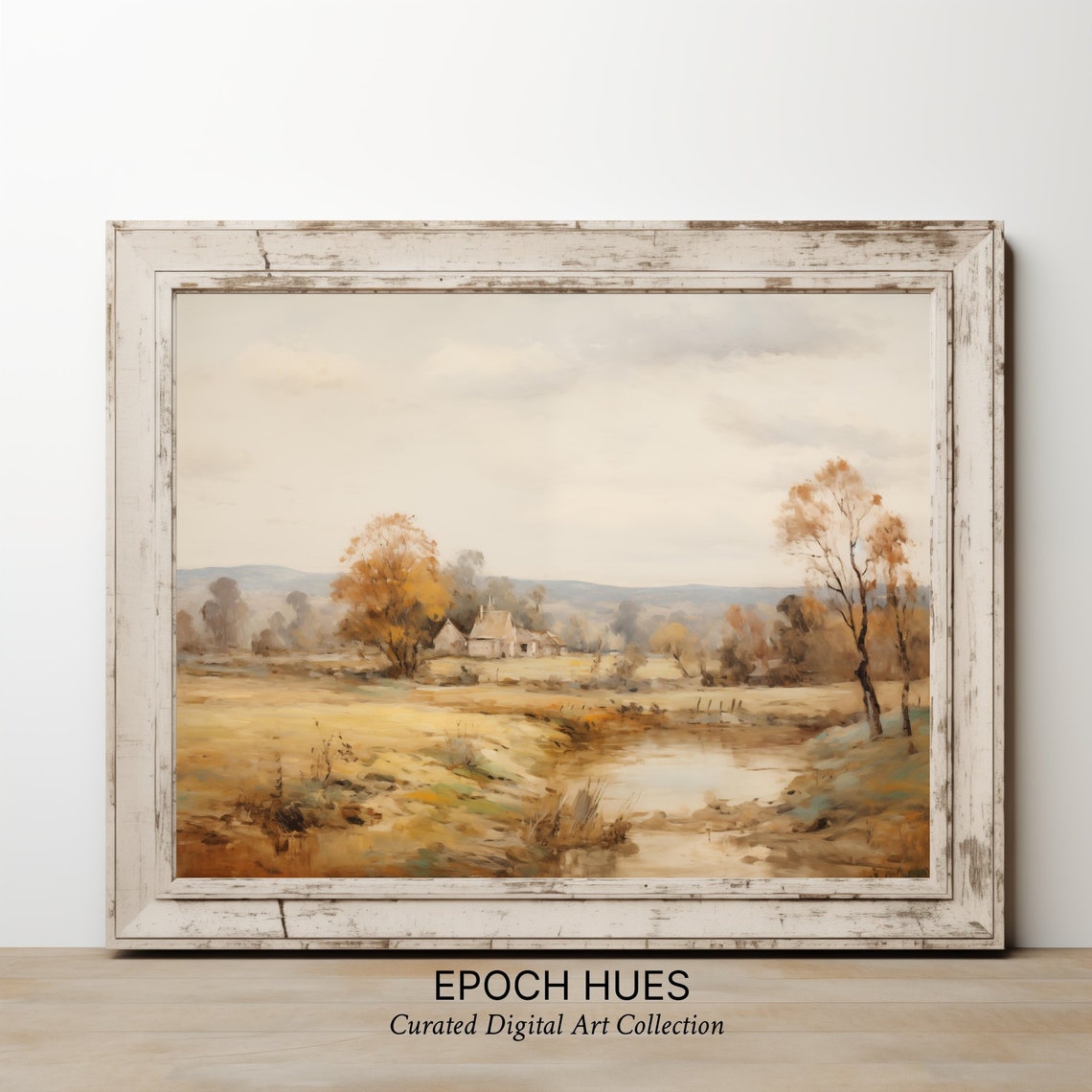 Golden Autumn Countryside Farmhouse Stream Rustic Landscape Poster - Image 2