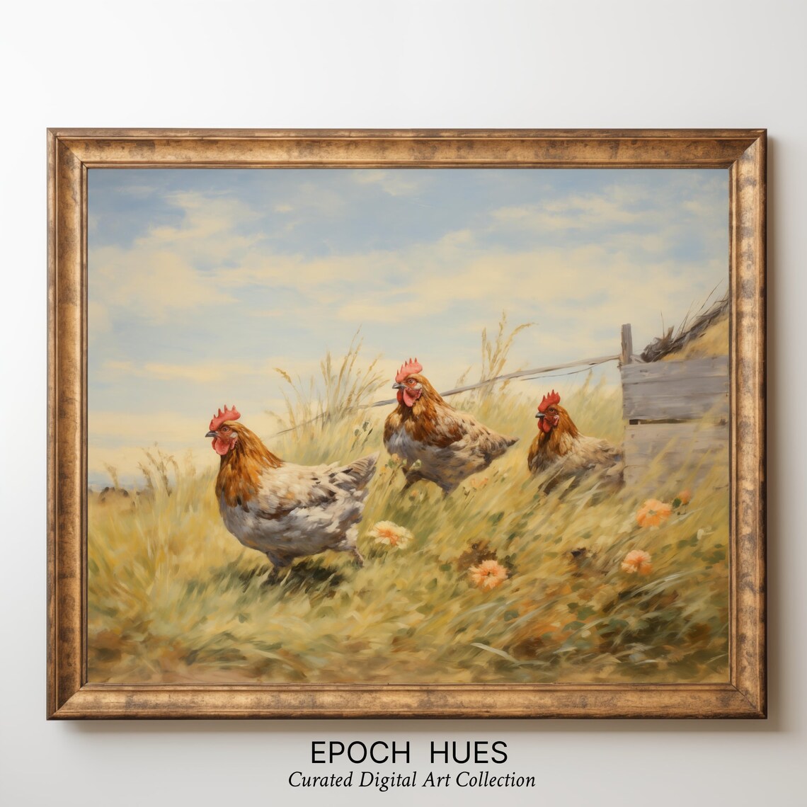 Three Hens Running through Golden Wheat Field Country Poster - Image 3