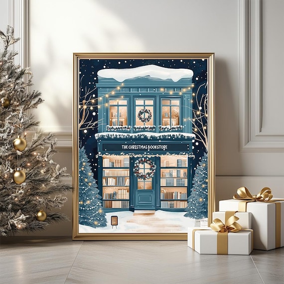 Winter Bookshop Illustration Poster, Holiday Book Lovers