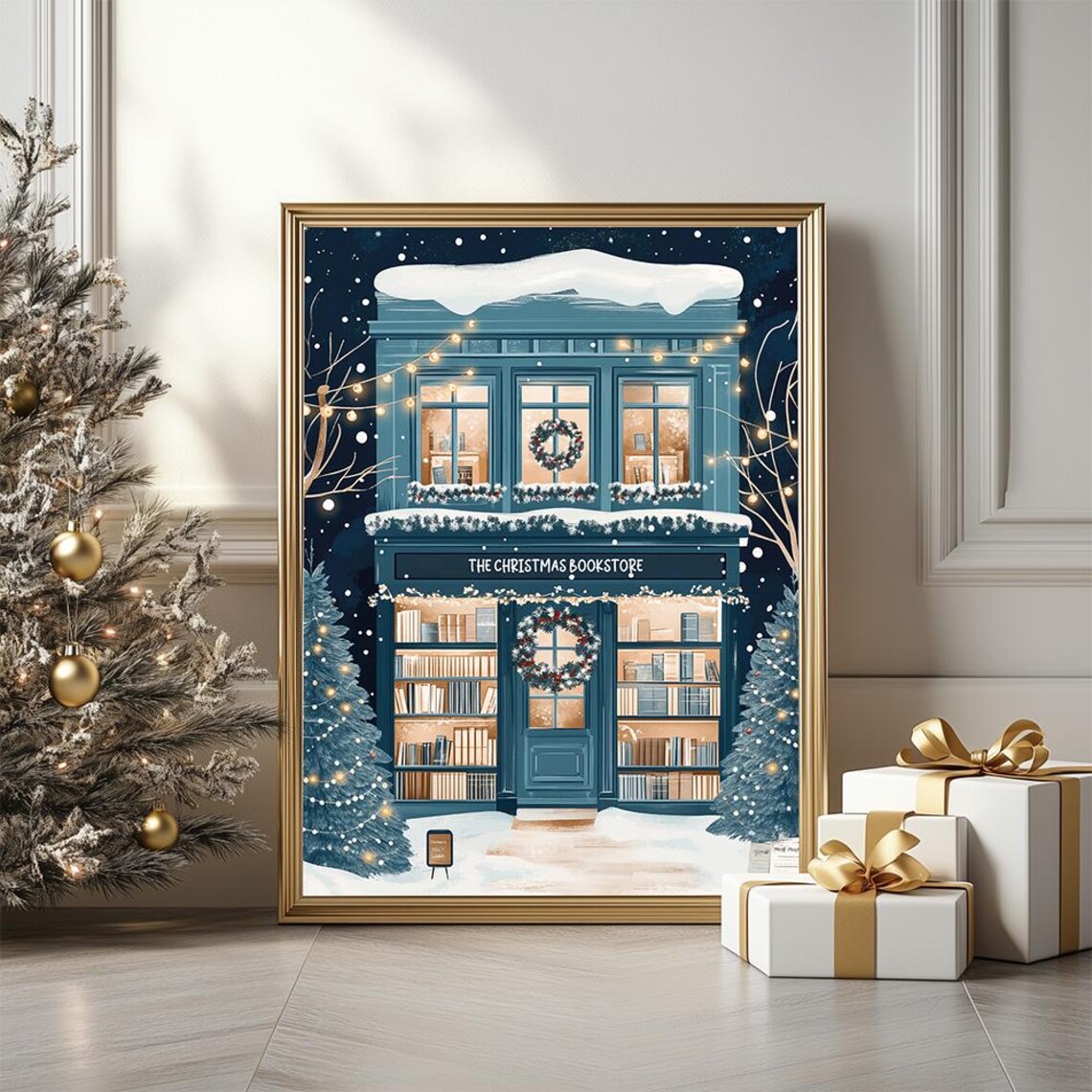 Winter Bookshop Illustration Poster, Holiday Book Lovers