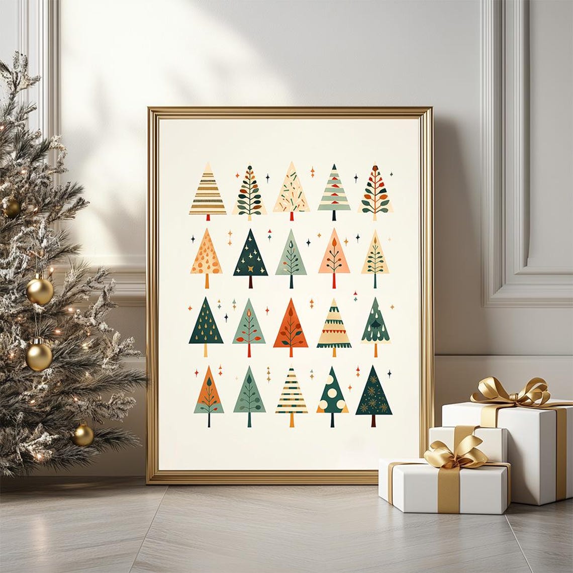 Minimalist Modern Christmas Trees Pattern Poster in Festive Colors
