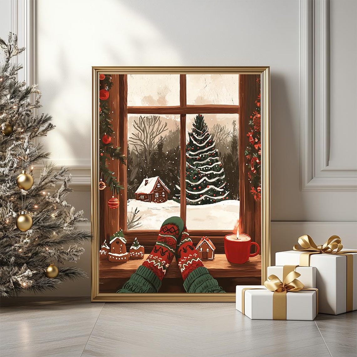 Cozy Christmas Morning Window Poster With Festive Socks and Snowfall