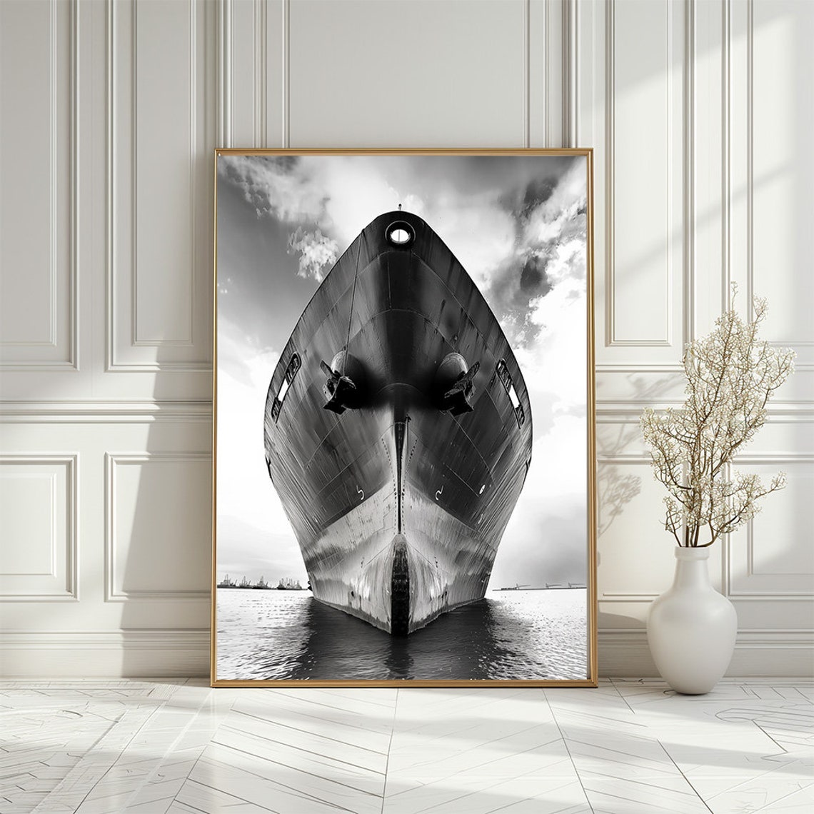 Black And White Cargo Ship Bow Front View Dramatic Photo Print