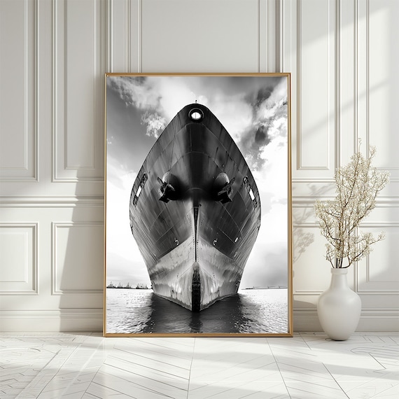 Black And White Cargo Ship Bow Front View Dramatic Photo Print