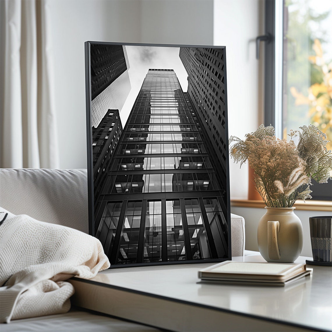 Black and White Skyscraper Looking Upwards City Architecture Poster - Image 3