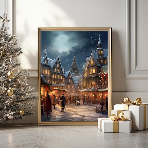 Snowy Old Village Christmas Market Moonlit Night Scene Art Poster